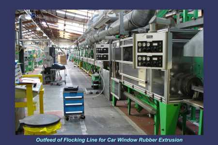 Outfeed of flocking line for car window rubber extrusions